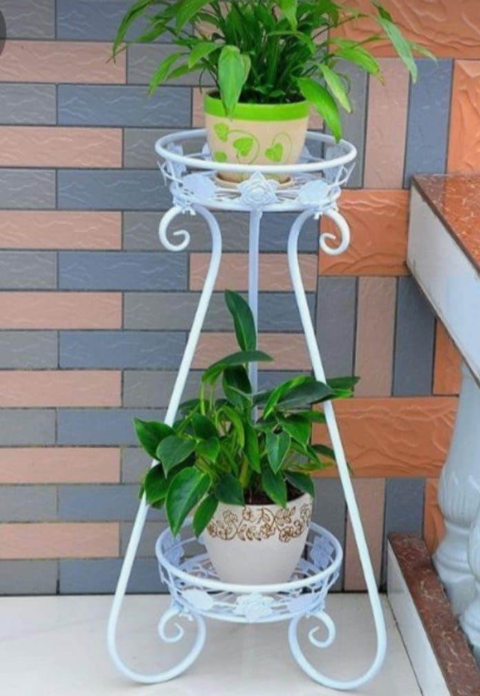 Decorative Metal Plant Stand, 2-Tier White Iron Flower Pot Holder, Indoor Outdoor Garden Display